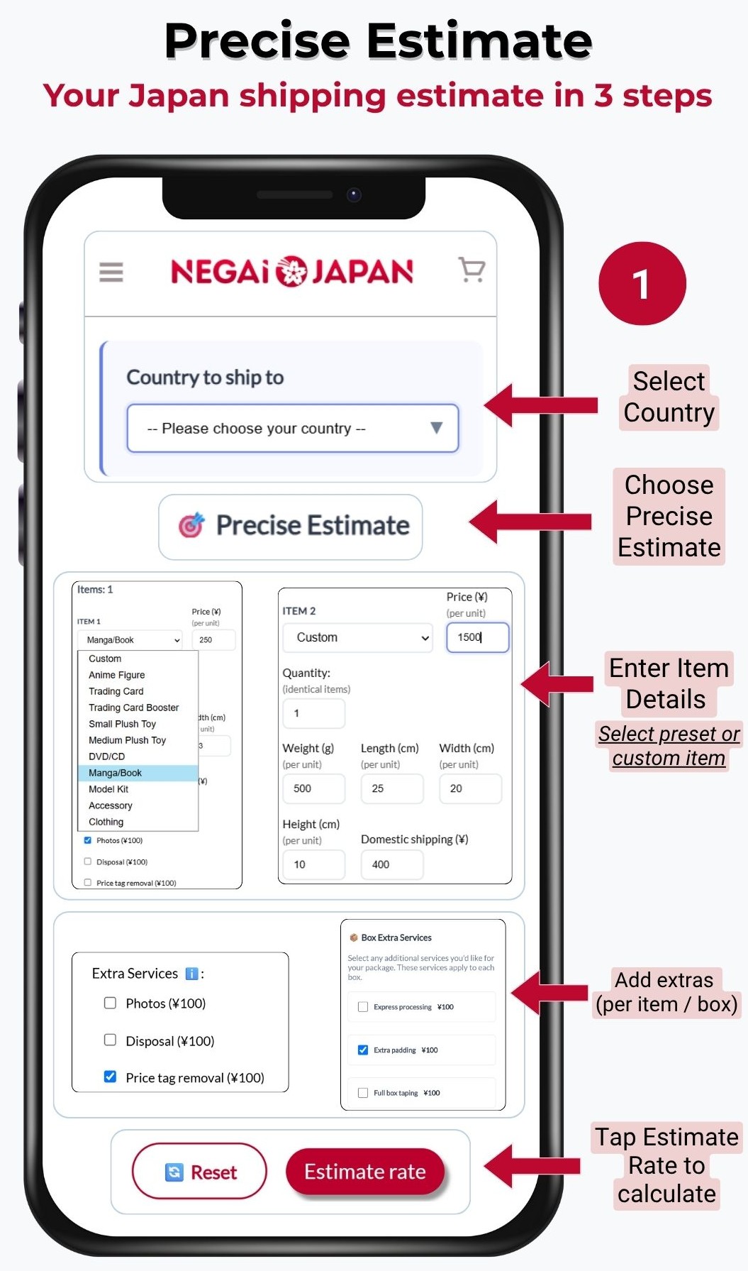 Step 1 of Precise Estimate: select your country, choose Precise Estimate mode, enter item details or use presets, add optional extra services, and tap Estimate Rate.