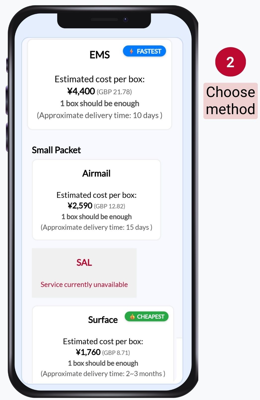 Step 2 of Precise Estimate: compare Japan Post shipping methods such as EMS, Airmail, and Surface; check delivery times, and choose the fastest or cheapest option.
