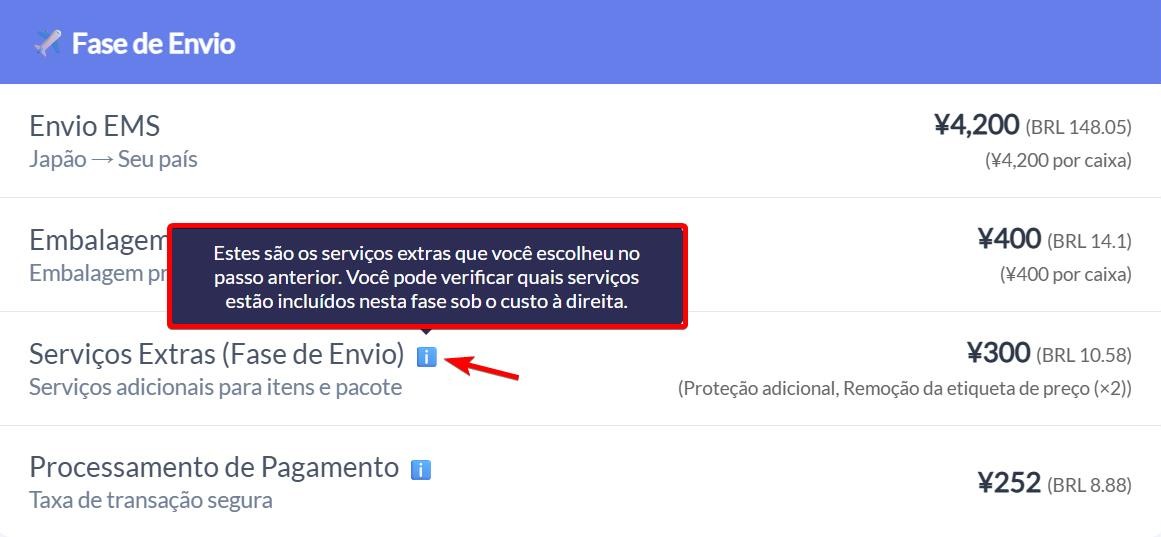 “Tooltip explicando ‘Serviços Extras (Fase de Envio)’ com itens aplicados.”