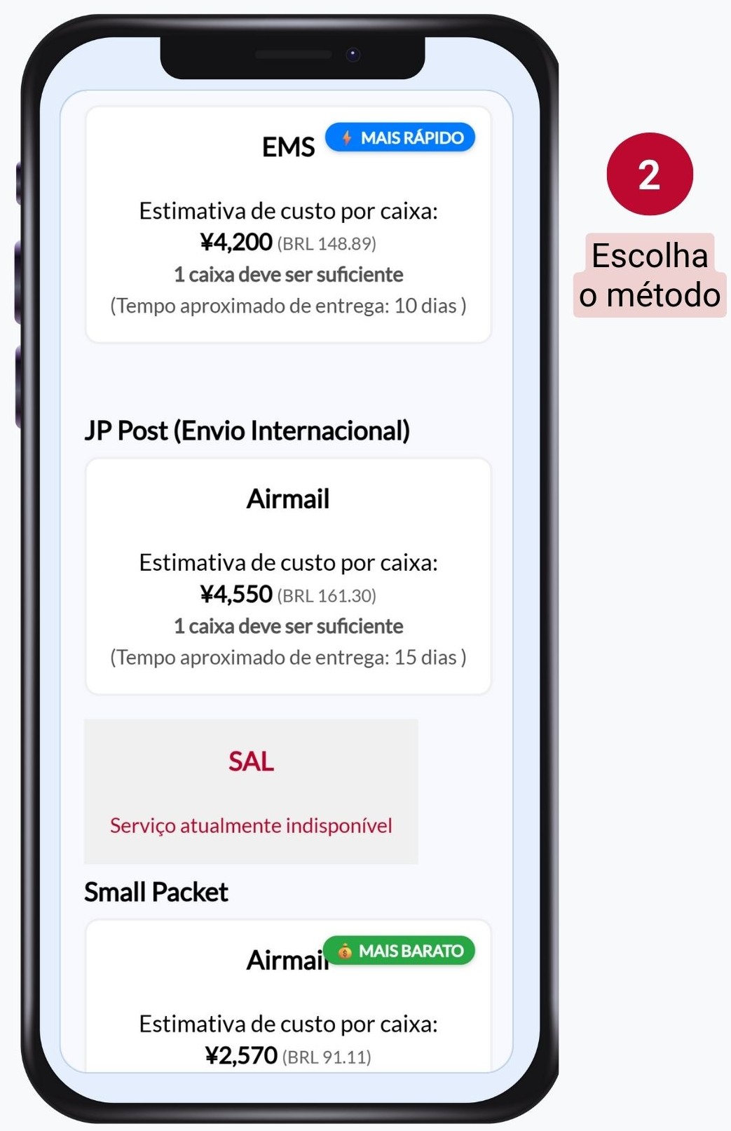 Etapa 2 da Estimativa Precisa: compare os métodos de envio do Japan Post, como EMS, Correio Aéreo e Via de Entrega; verifique os prazos de entrega e escolha a opção mais rápida ou mais barata.
