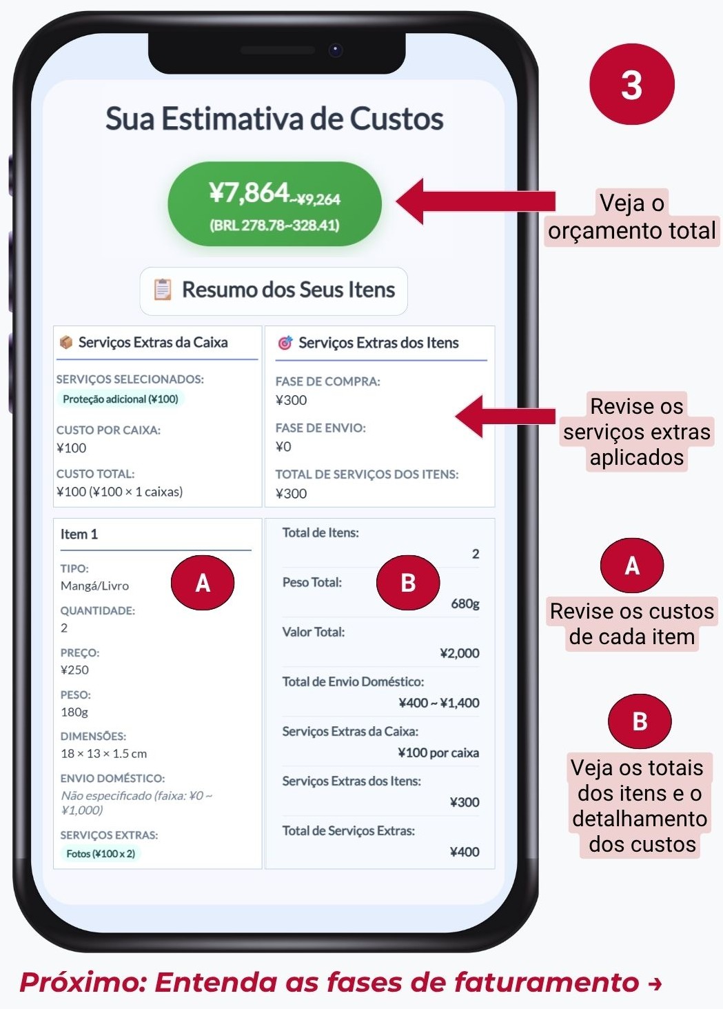 Etapa 3A da Estimativa Precisa: visualize sua estimativa de custo total em ienes e sua moeda, revise os extras aplicados por caixa e por item e verifique os subtotais de peso, valor e frete.