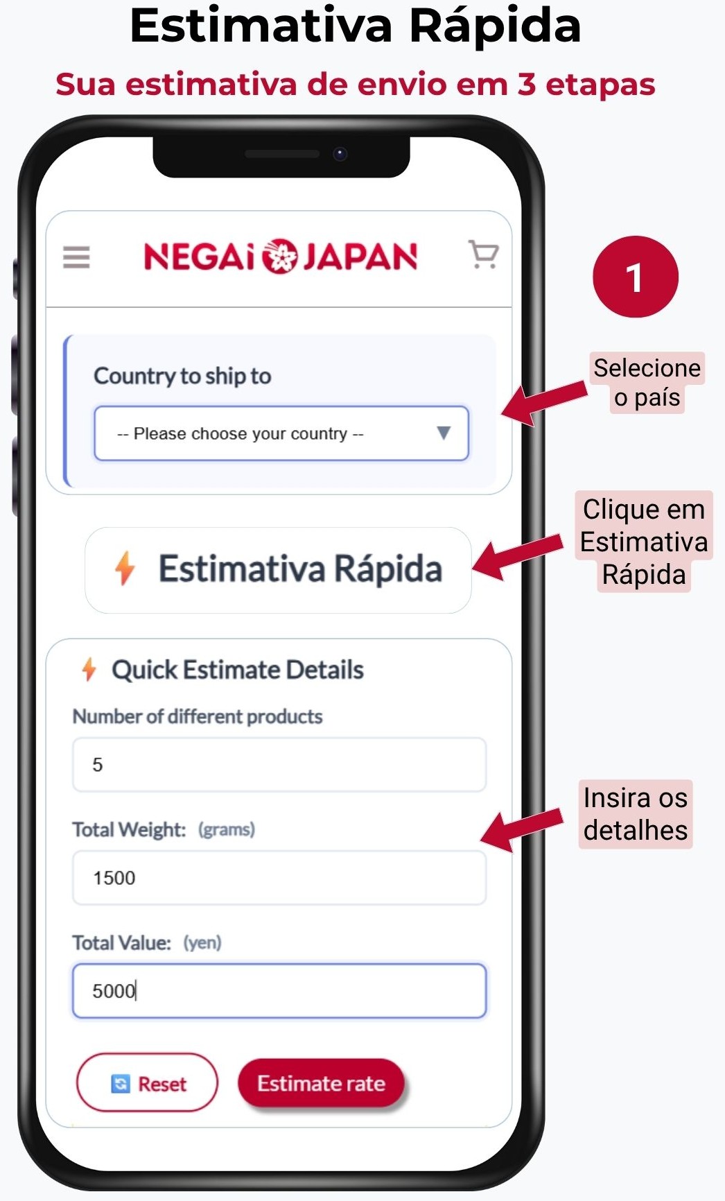 Selecione seu país, insira os detalhes e toque em Estimar taxa.