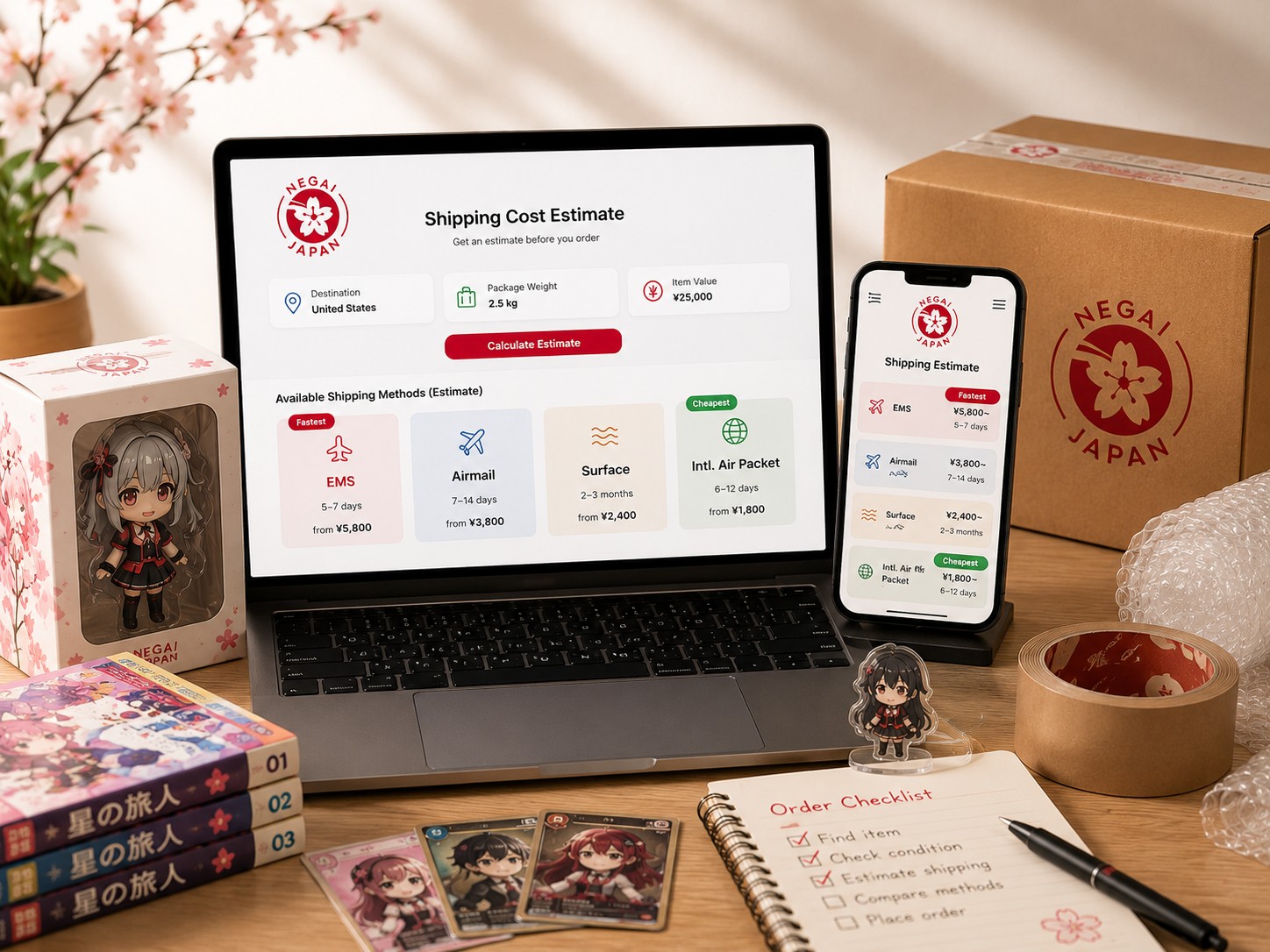 Laptop e celular mostrando estimativas de frete da Negai Japan, com opções EMS, Airmail, Surface e International Air Packet ao lado de caixa de figure, mangás, cards e materiais de embalagem.