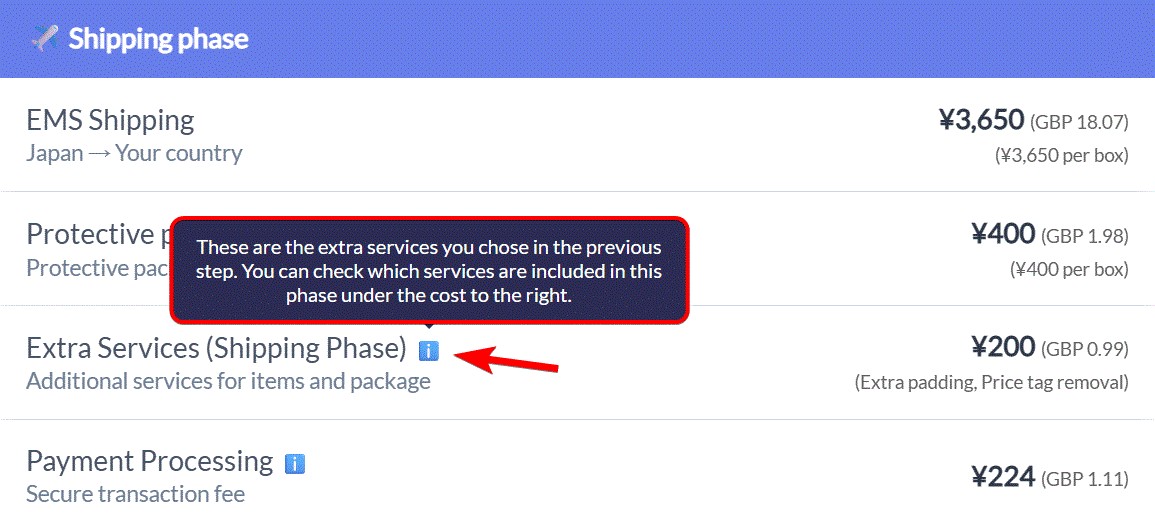 Tooltip explaining ‘Extra Services (Shipping Phase)’ applied to the package.