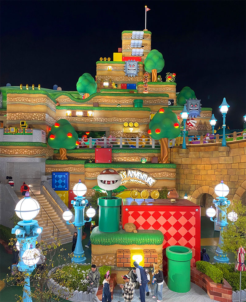 The Super Nintendo World area at Universal Studios Japan at night