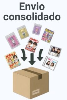 Ilustração mostrando vários itens pequenos, como figures, CDs e revistas, sendo reunidos em uma única caixa com o título “Consolidated Shipment”. Representa o processo de unir várias compras em um único envio internacional para reduzir o custo de frete.