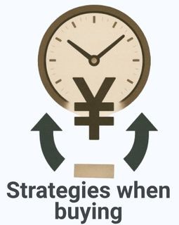 Flat-style illustration showing a clock merged with the yen symbol (¥) and curved arrows around it, representing timing and strategy when buying from Japan to get the best exchange rate.