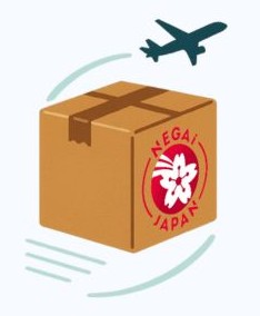 Ilustração de uma caixa de envio com o logotipo “Negai Japan” e selo de flor de cerejeira branca, acompanhada por um avião e linhas de movimento. Representa o envio internacional transparente e confiável da Negai Japan.