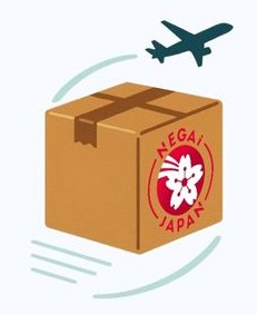 Illustration of a shipping box with the “Negai Japan” logo and a white cherry blossom seal, flying with a curved trail and an airplane above it. Represents transparent, reliable international delivery from Japan.