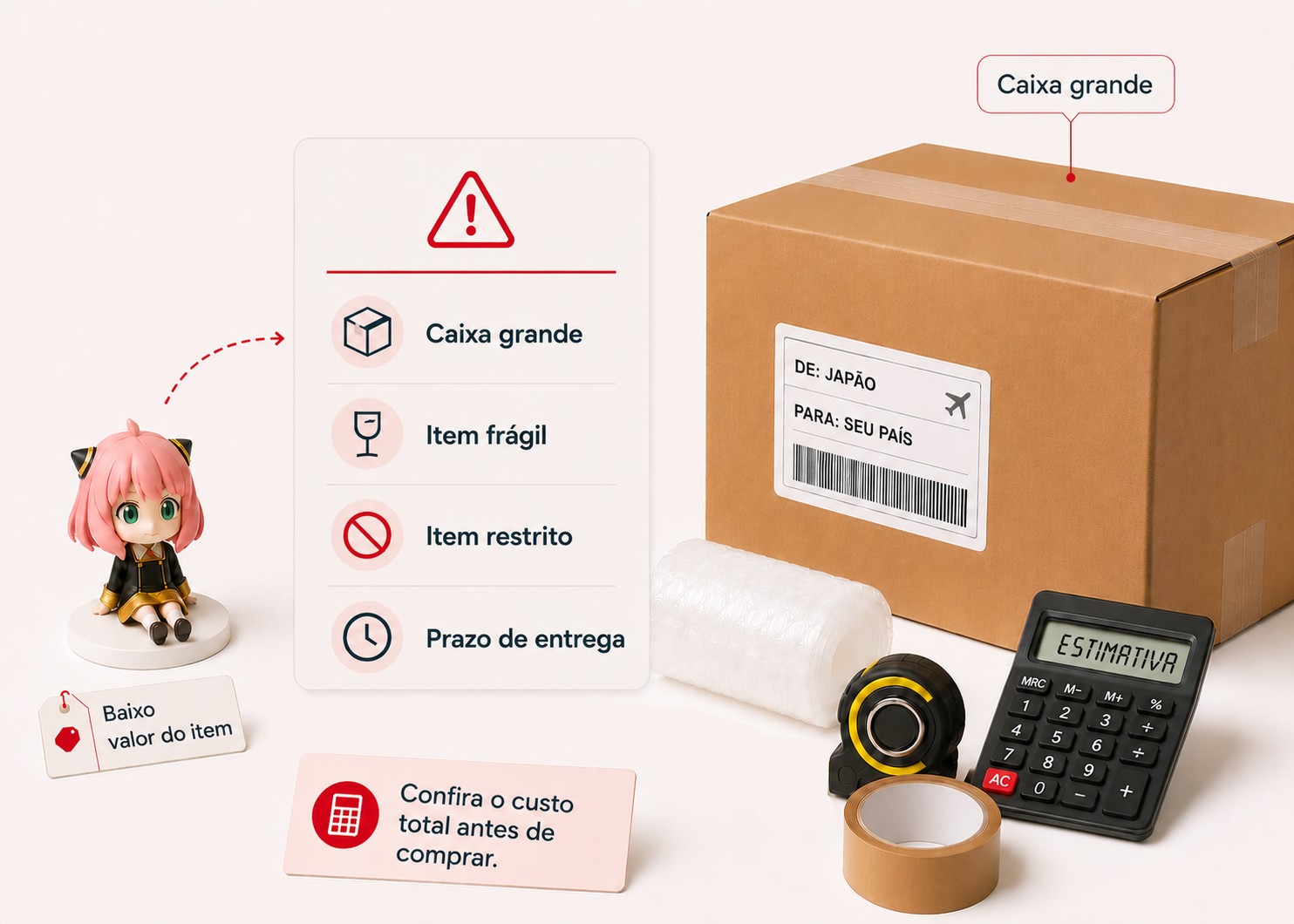 A apresentação visual editorial ao importar do Japão pode não fazer sentido, incluindo itens de baixo valor, caixa grande, itens frágeis, itens restritos, prazos, calculadora e fita métrica.