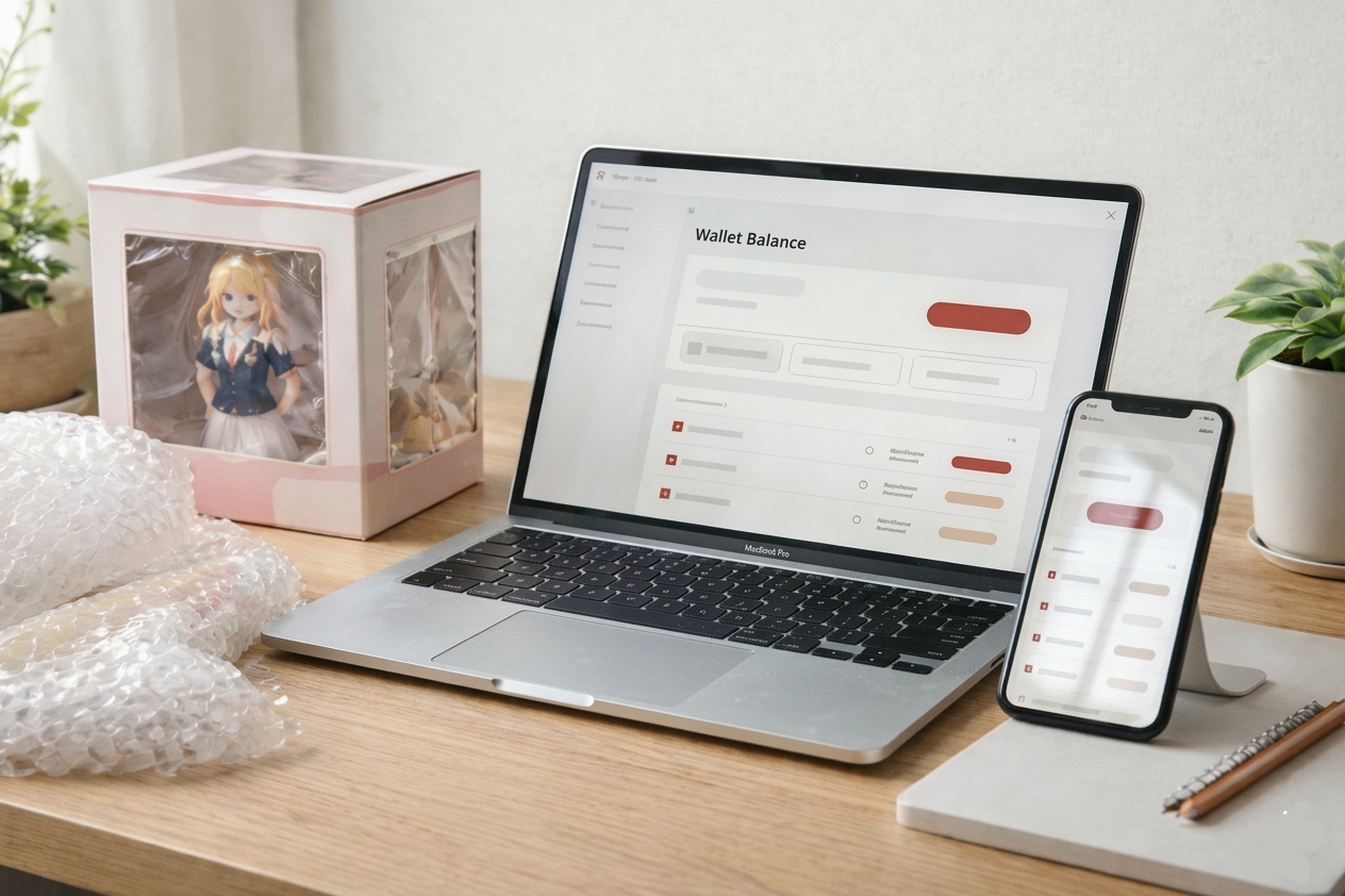 Dashboard da Negai Wallet em notebook e celular ao lado de uma figure em caixa e materiais de embalagem