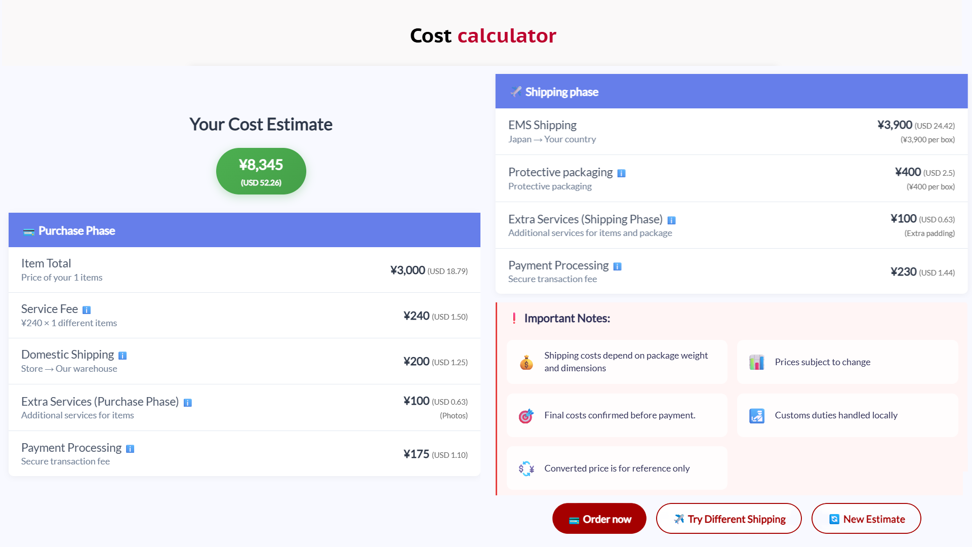 Cost calculator interface showing an estimate, purchase phase, shipping phase, important notes, and action buttons for a Japan order