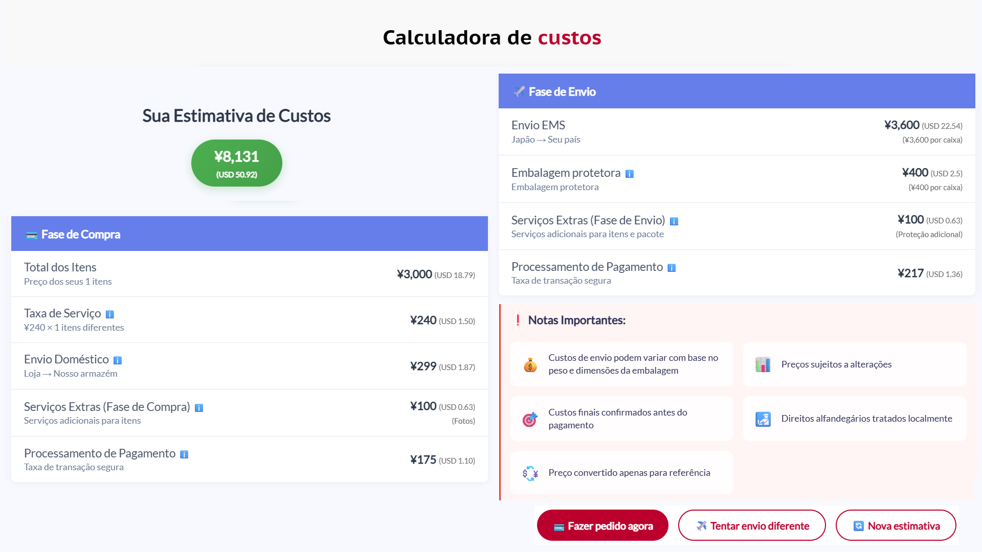 Interface da calculadora de custos mostrando estimativa, fase de compra, fase de envio, notas importantes e botões de ação