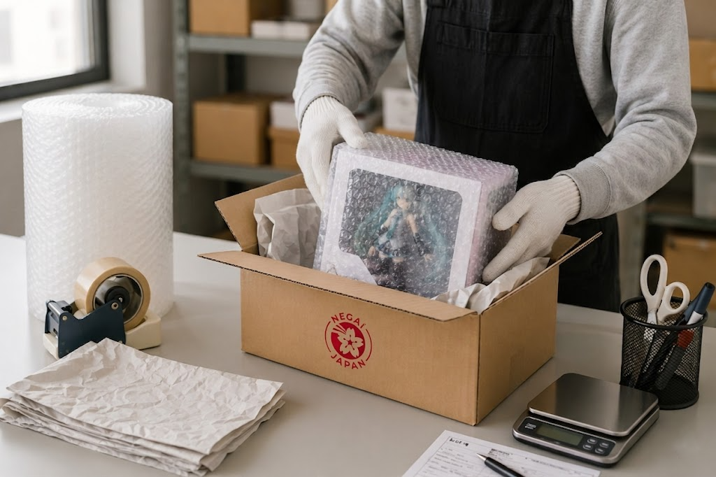A figure box wrapped in protective bubble wrap being placed into a shipping box with Negai Japan branding in a packing workspace