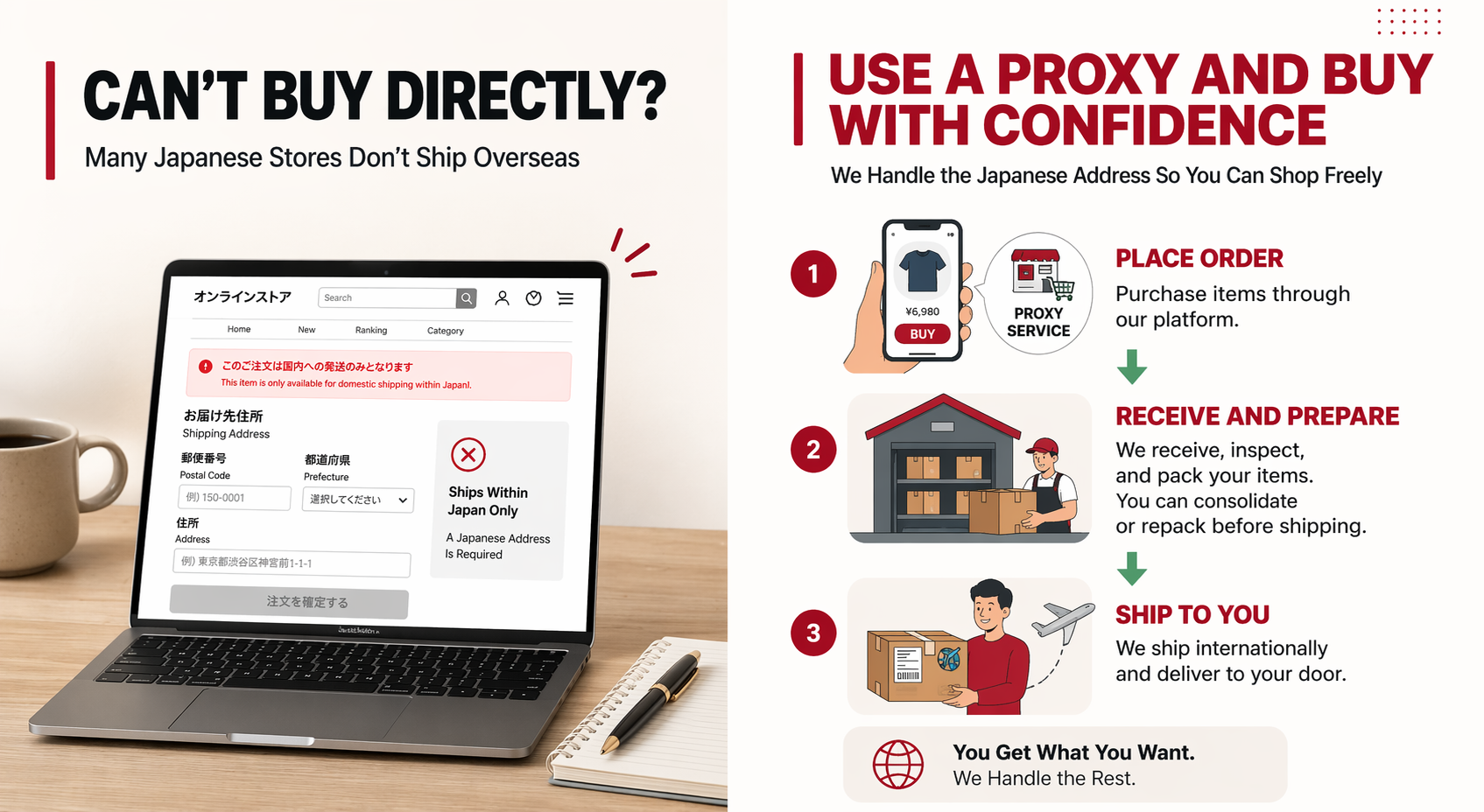 Split visual showing a Japanese checkout with domestic-only shipping on the left and a proxy buying solution in three steps on the right