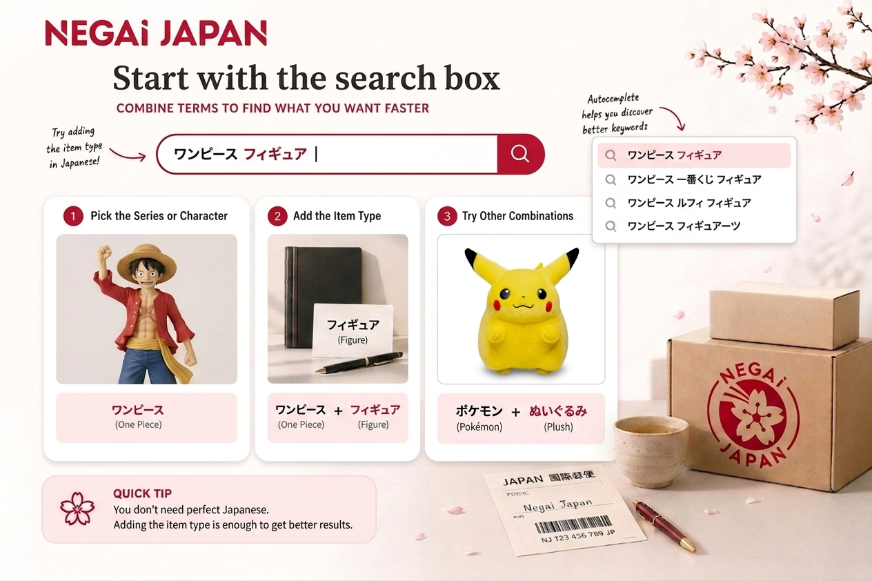 Editorial infographic showing how to improve searches on Japanese online stores by combining a series name with the item type in Japanese, with a search bar, autocomplete suggestions, and example product cards