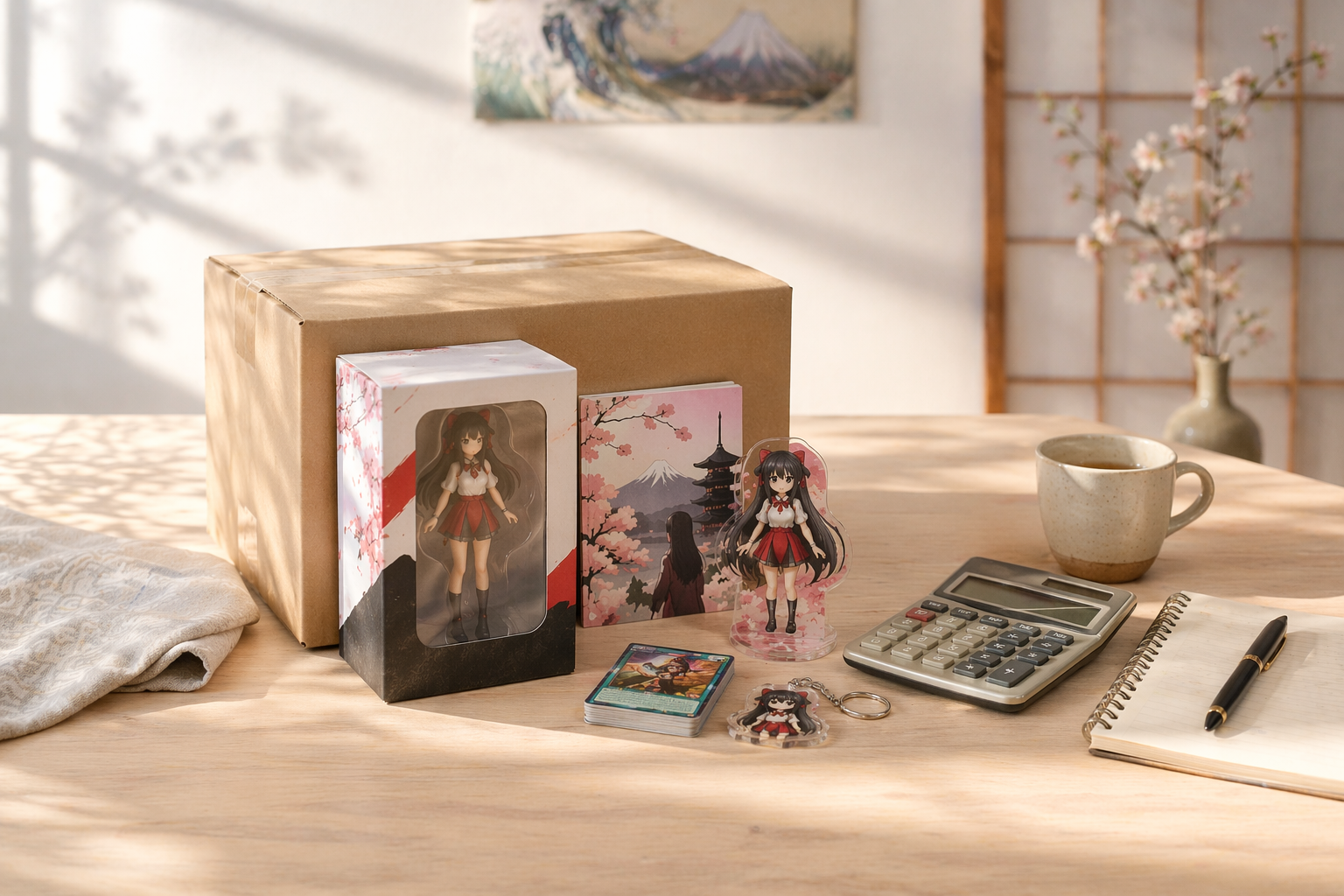 Package and collectible items arranged on a light-colored table, creating a pre-purchase planning atmosphere.