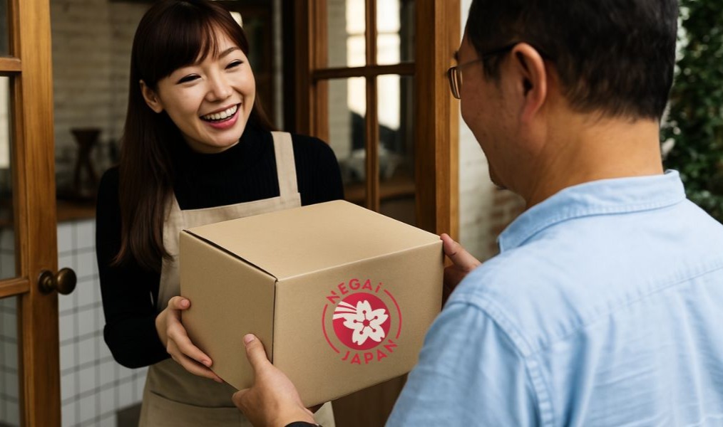 Smiling woman handing a Negai Japan package to a man at the doorstep