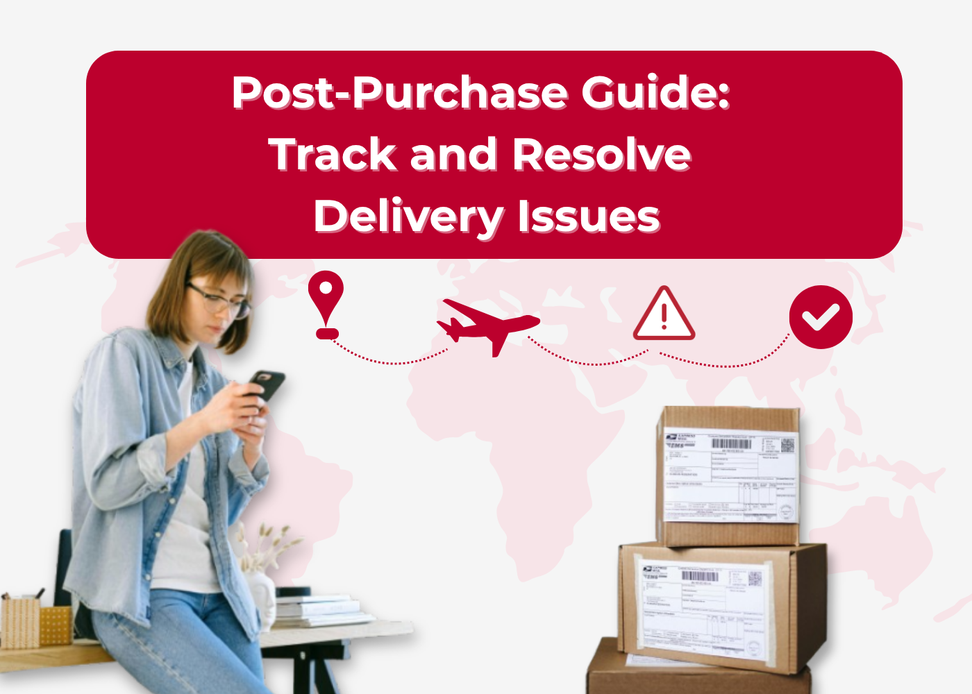EN - Post-Purchase Guide: woman using smartphone next to parcels and delivery tracking icons over a world map