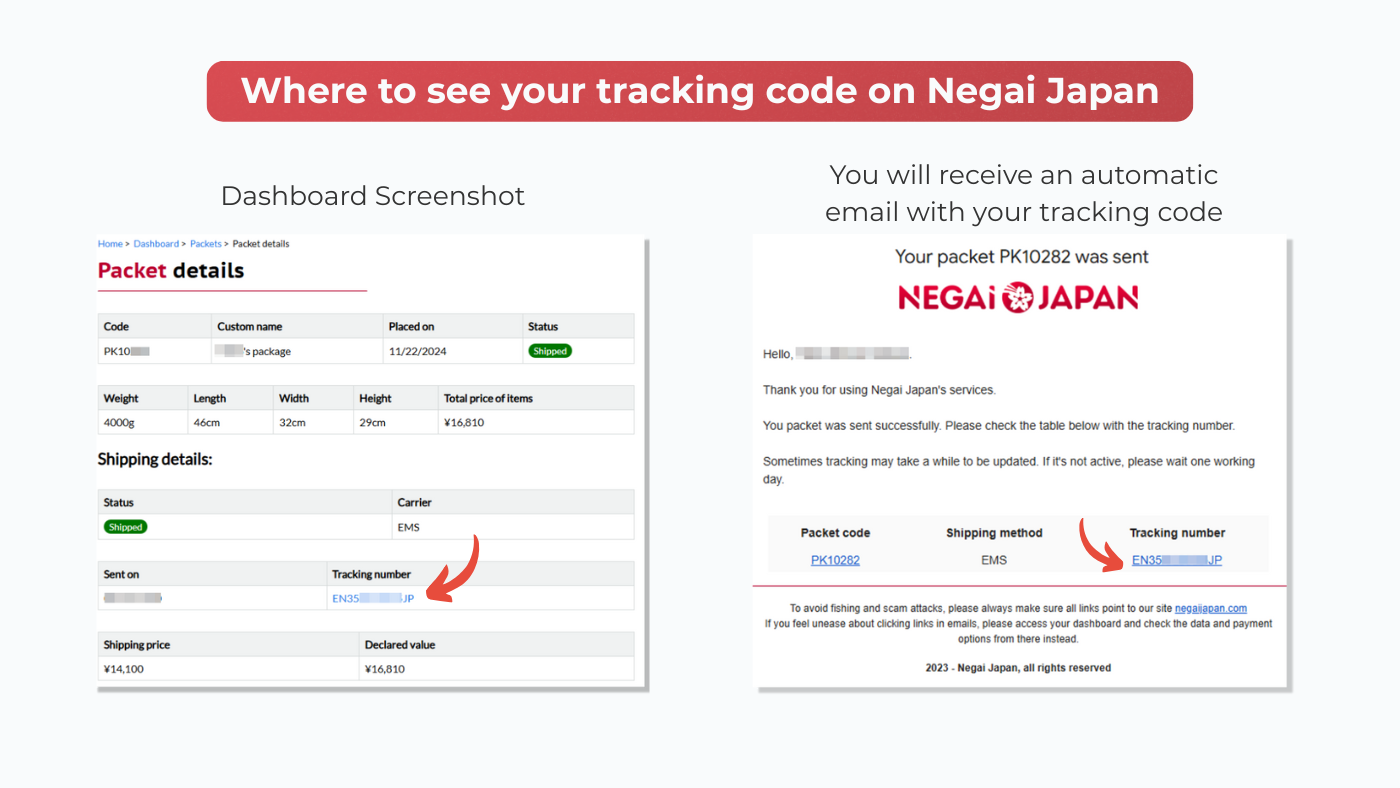Guide showing where to find your tracking code on Negai Japan, with dashboard screenshot and example of automatic tracking email