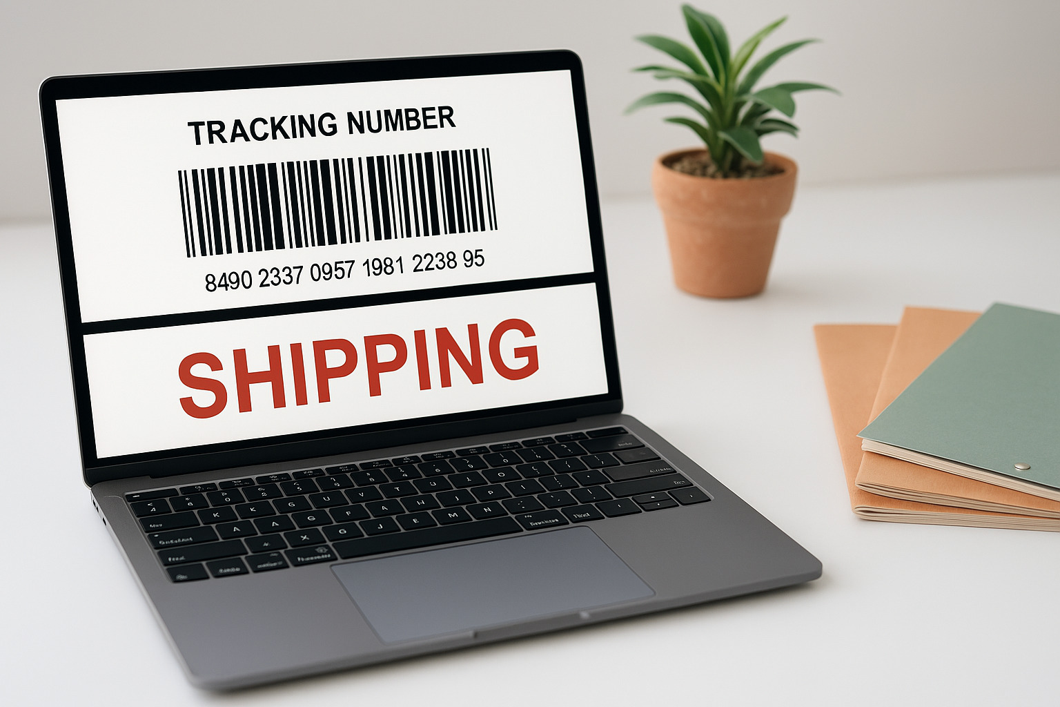 Laptop displaying a shipping tracking number and the word SHIPPING on the screen, with folders and a plant on the desk